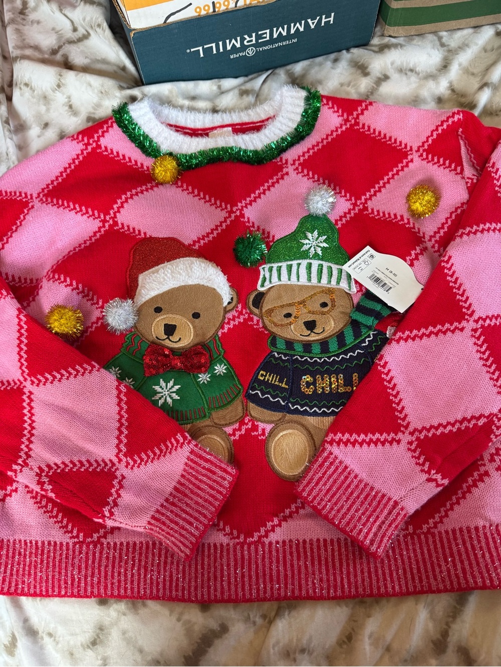 Holiday Time Red & Pink Bear Holiday Crewneck Sweater